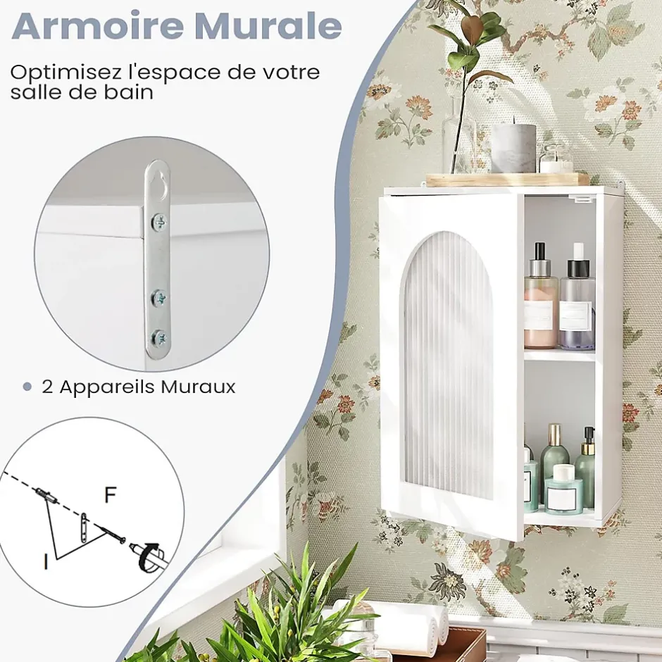 Giantex Armoire Salle de Bain,avec Porte en Verre Trempé Canne, au-Dessus des Toilettes avec Étagère Réglable pour Salon Buanderie, Blanc