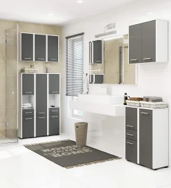 Akord Furniture Factory Armoire salle de bains AKORD FIN Meuble Haut Suspendue Blanche 60 cm 2 portes façade Gris Graphite 2 étagères 60x22,5x60 cm* Armoire De Salle De Bains