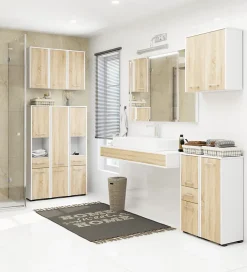 Akord Furniture Factory Armoire salle de bains AKORD FIN Blanche 30 cm 1 porte façade Chêne Sonoma 2 étagères 30x30x85 cm* Meuble De Salle De Bains Faible Profondeur