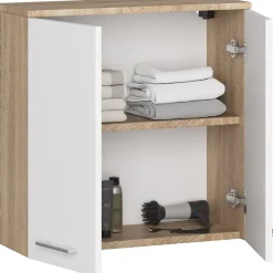 Akord Furniture Factory Armoire salle de bains AKORD FIN Meuble Haut Suspendue Chêne Sonoma 60 cm 2 portes façade Blanche 2 étagères 60x22,5x60 cm