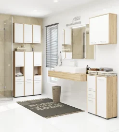 Akord Furniture Factory Armoire salle de bains AKORD FIN Meuble Haut Suspendue Chêne Sonoma 60 cm 2 portes façade Blanche 2 étagères 60x22,5x60 cm