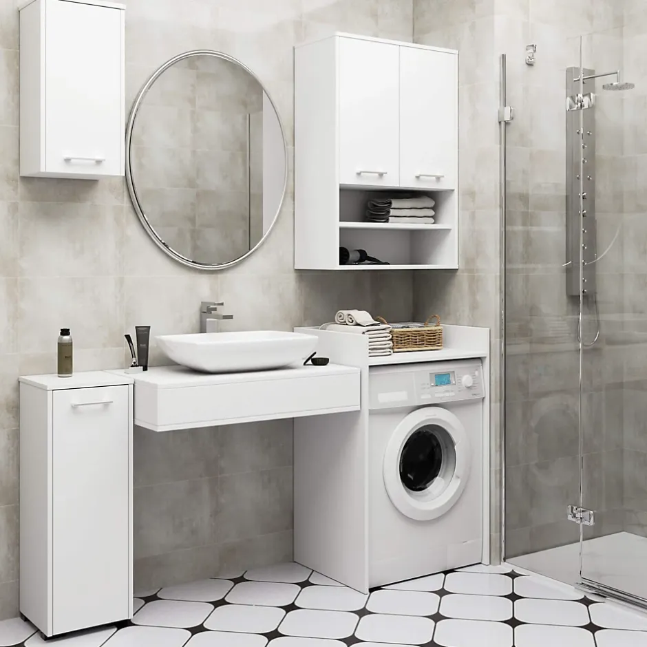 Akord Furniture Factory Armoire salle de bains suspendue AKORD FIN Blanche 64 cm 2 portes pleine Blanche 4 étagères 64x30x94 cm