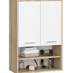 Akord Furniture Factory Armoire salle de bains suspendue AKORD FIN Chêne Sonoma 64 cm 2 portes façade Blanche 4 étagères 64x30x94 cm* Armoire De Salle De Bains
