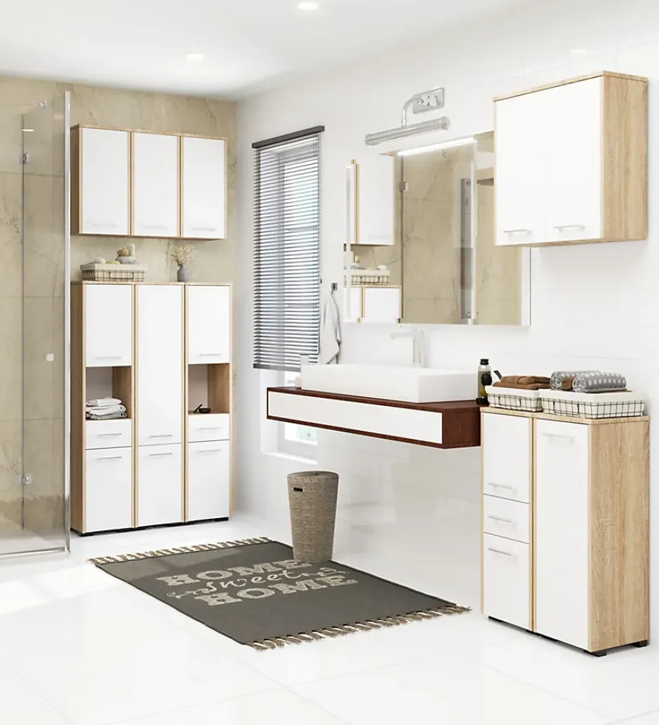 Akord Furniture Factory Armoire salle de bains suspendue AKORD FIN Chêne Sonoma 64 cm 2 portes façade Blanche 4 étagères 64x30x94 cm* Armoire De Salle De Bains