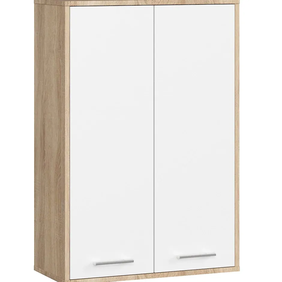 Akord Furniture Factory Armoire salle de bains suspendue AKORD FIN Chêne Sonoma 64 cm 2 portes pleine Blanche 4 étagères 64x30x94 cm
