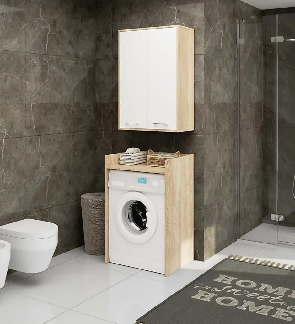 Akord Furniture Factory Armoire salle de bains suspendue AKORD FIN Chêne Sonoma 64 cm 2 portes pleine Blanche 4 étagères 64x30x94 cm