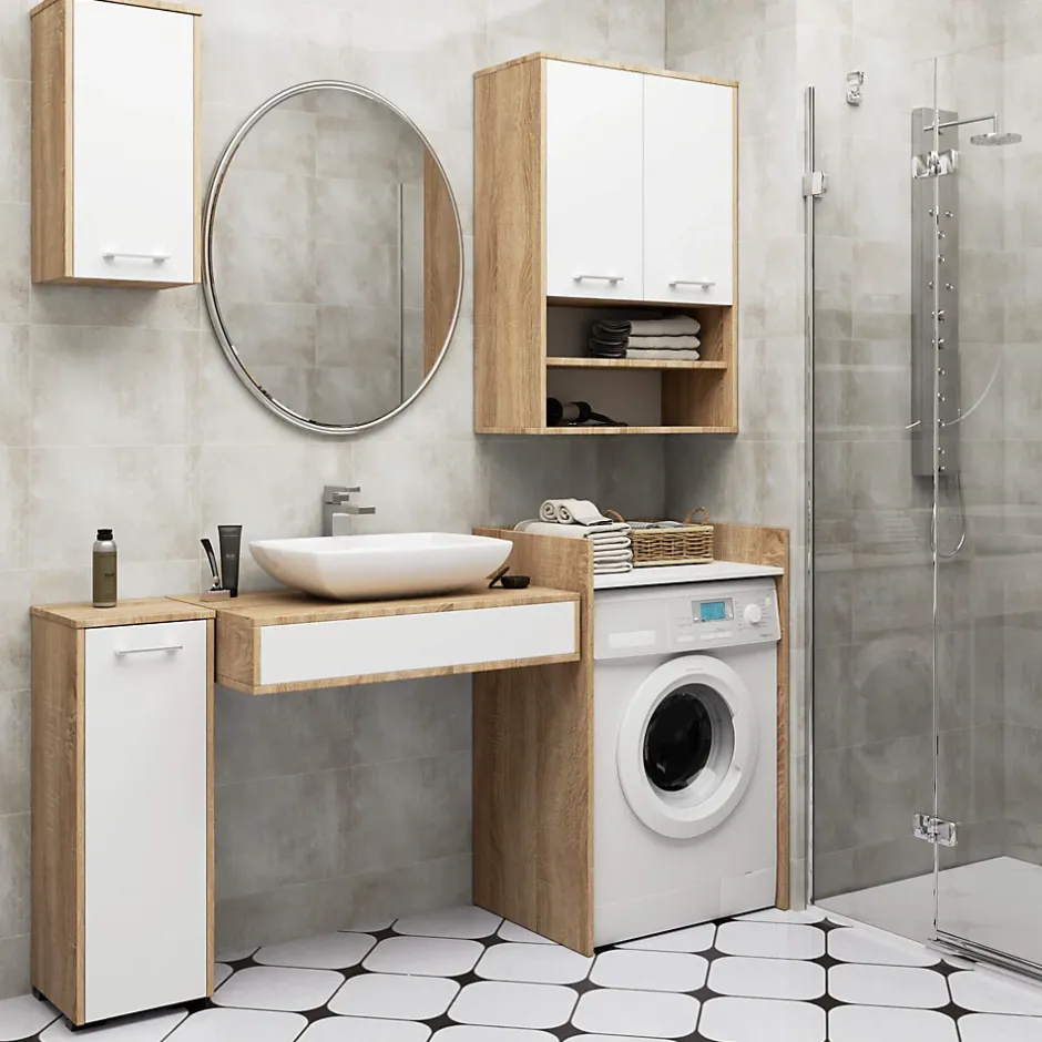 Akord Furniture Factory Armoire salle de bains suspendue AKORD FIN Chêne Sonoma 64 cm 2 portes pleine Blanche 4 étagères 64x30x94 cm