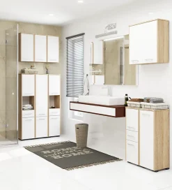 Akord Furniture Factory Armoire salle de bains suspendue AKORD FIN Chêne Sonoma 64 cm 2 portes pleine Blanche 4 étagères 64x30x94 cm