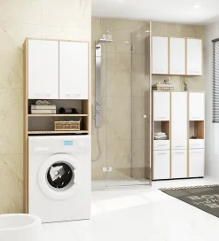 Akord Furniture Factory Armoire salle de bains suspendue AKORD FIN Chêne Sonoma 64 cm 2 portes pleine Blanche 4 étagères 64x30x94 cm