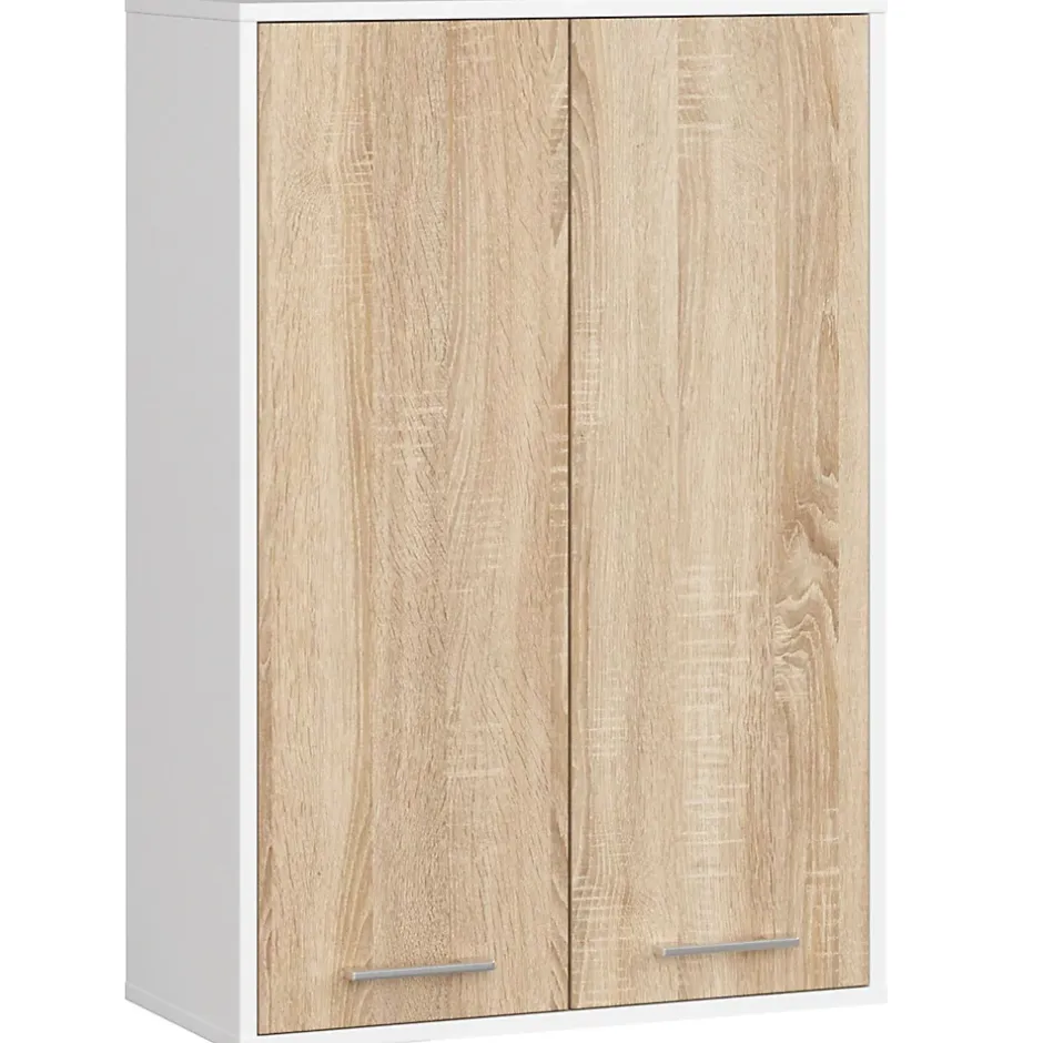 Akord Furniture Factory Armoire salle de bains suspendue AKORD FIN Blanche 64 cm 2 portes pleine Chêne Sonoma 4 étagères 64x30x94 cm