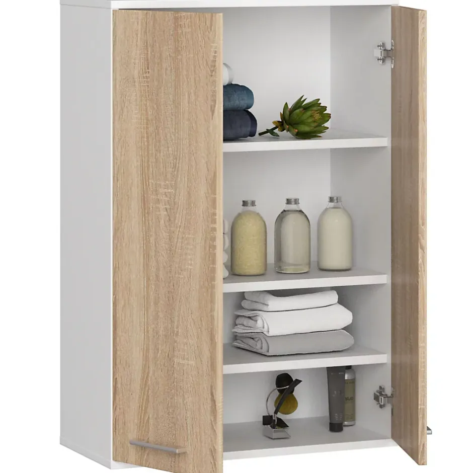 Akord Furniture Factory Armoire salle de bains suspendue AKORD FIN Blanche 64 cm 2 portes pleine Chêne Sonoma 4 étagères 64x30x94 cm