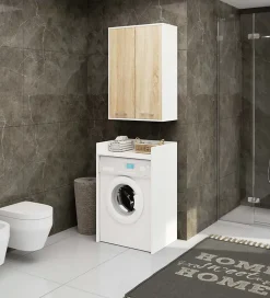 Akord Furniture Factory Armoire salle de bains suspendue AKORD FIN Blanche 64 cm 2 portes pleine Chêne Sonoma 4 étagères 64x30x94 cm
