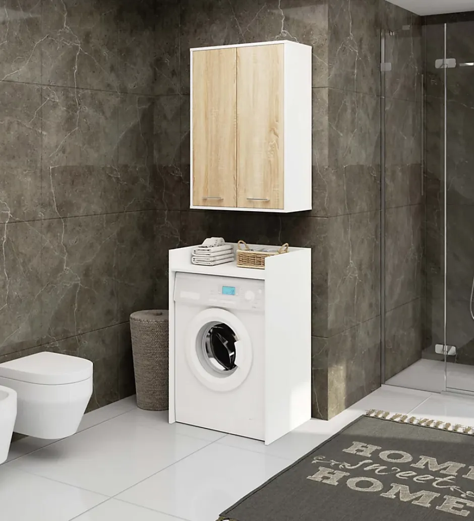Akord Furniture Factory Armoire salle de bains suspendue AKORD FIN Blanche 64 cm 2 portes pleine Chêne Sonoma 4 étagères 64x30x94 cm