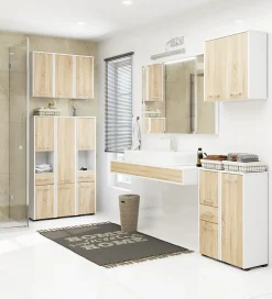 Akord Furniture Factory Armoire salle de bains suspendue AKORD FIN Blanche 64 cm 2 portes pleine Chêne Sonoma 4 étagères 64x30x94 cm