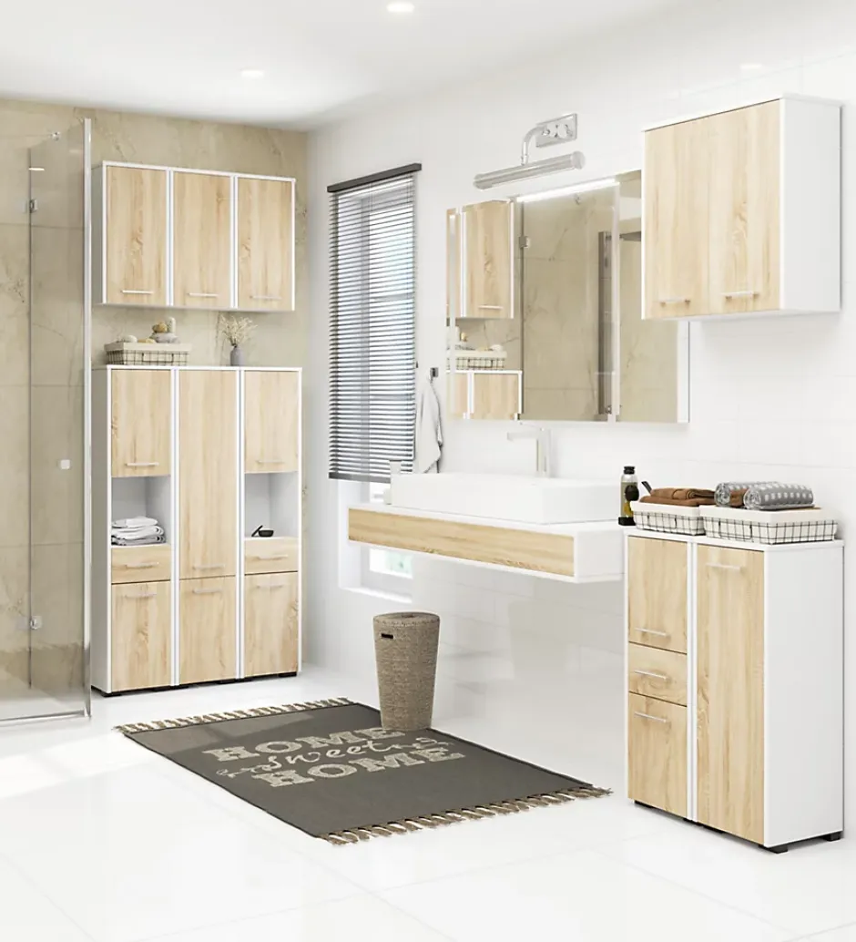 Akord Furniture Factory Armoire salle de bains suspendue AKORD FIN Blanche 64 cm 2 portes pleine Chêne Sonoma 4 étagères 64x30x94 cm