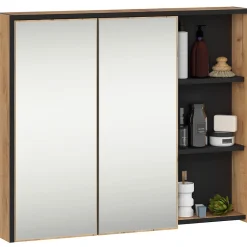 Akord Furniture Factory Armoire salle de bains VAMI suspendu avec miroir Chêne Craft 90 cm 2 portes façade Noire 6 étagères 90x15x75 cm