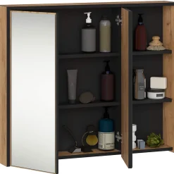Akord Furniture Factory Armoire salle de bains VAMI suspendu avec miroir Chêne Craft 90 cm 2 portes façade Noire 6 étagères 90x15x75 cm