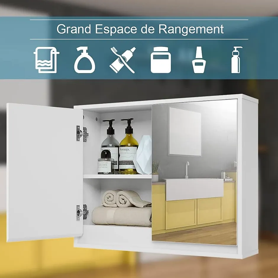 Giantex Armoire Toilette avec Miroir Murale, 2/3 Porte et 2/3 Etagères, Meuble à Miroir de Salle de Bain en MDF (56x14x45CM-2 Portes)