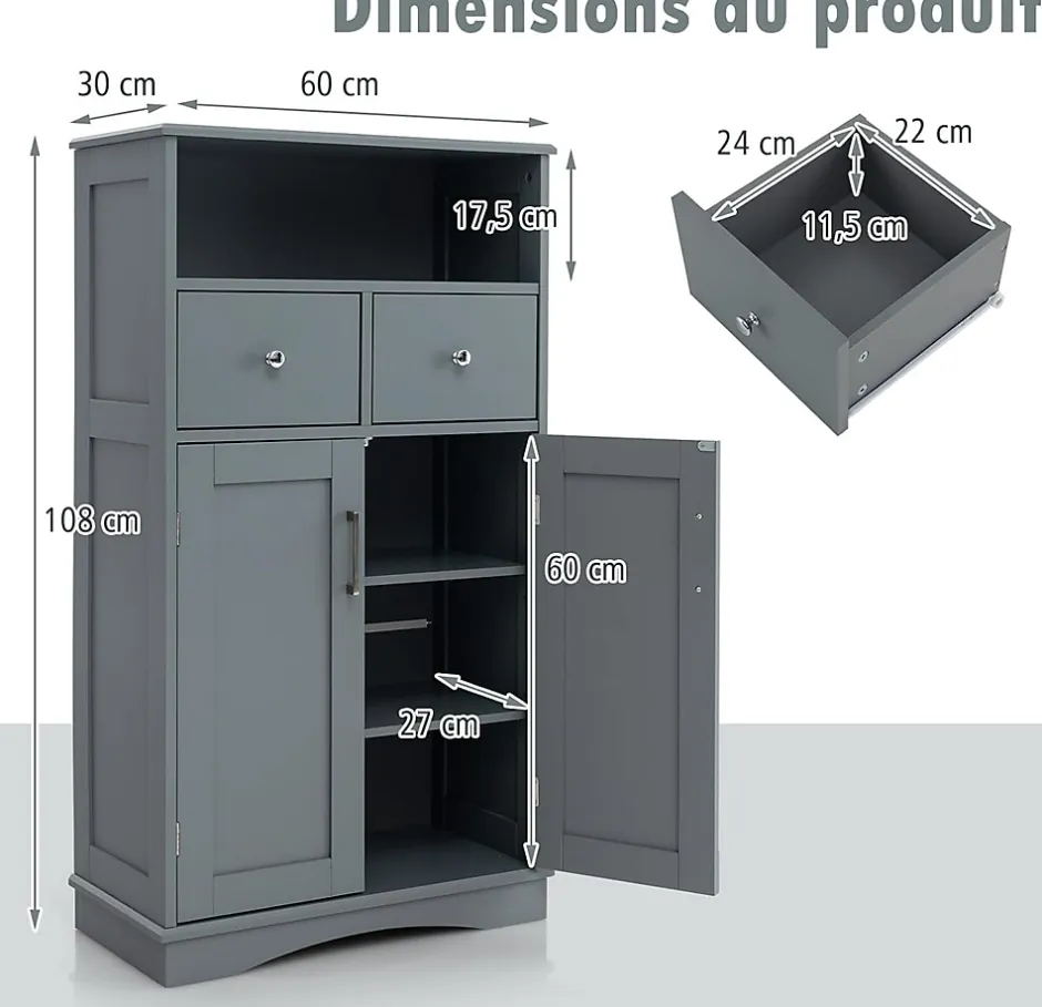 Giantex Armoire WC avec Etagere Reglable Meuble de Rangement pour Salle de Bain avec 2 Tiroirs et 2 Portes 60X30X107CM Gris* Armoire De Salle De Bains