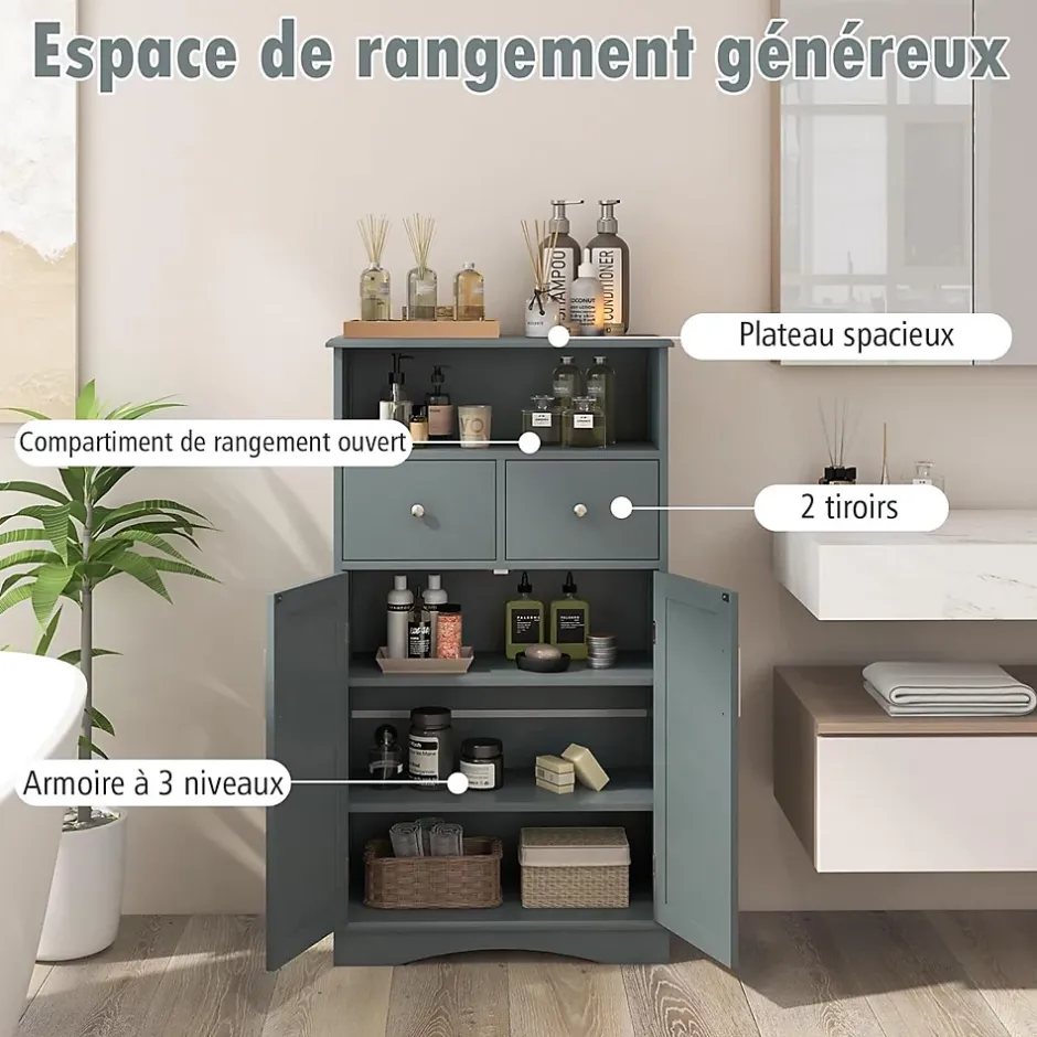 Giantex Armoire WC avec Etagere Reglable Meuble de Rangement pour Salle de Bain avec 2 Tiroirs et 2 Portes 60X30X107CM Gris* Armoire De Salle De Bains