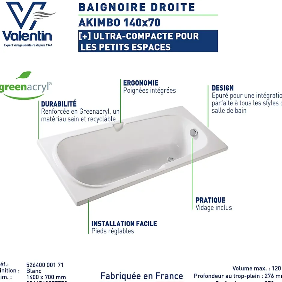 Valentin Baignoire Akimbo 140 x 70 cm sans tablier* Baignoire Droite