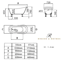Rogier & Mothes Baignoire ancienne retro sur pieds RICHMOND Blanche 155 cm Pieds d'Aigle Bronze jaune vieilli* Baignoire Îlot
