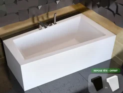 Besco Baignoire asymétrique + tablier blanc + repose tête - INTIMA - 160 x 90 cm - Droite