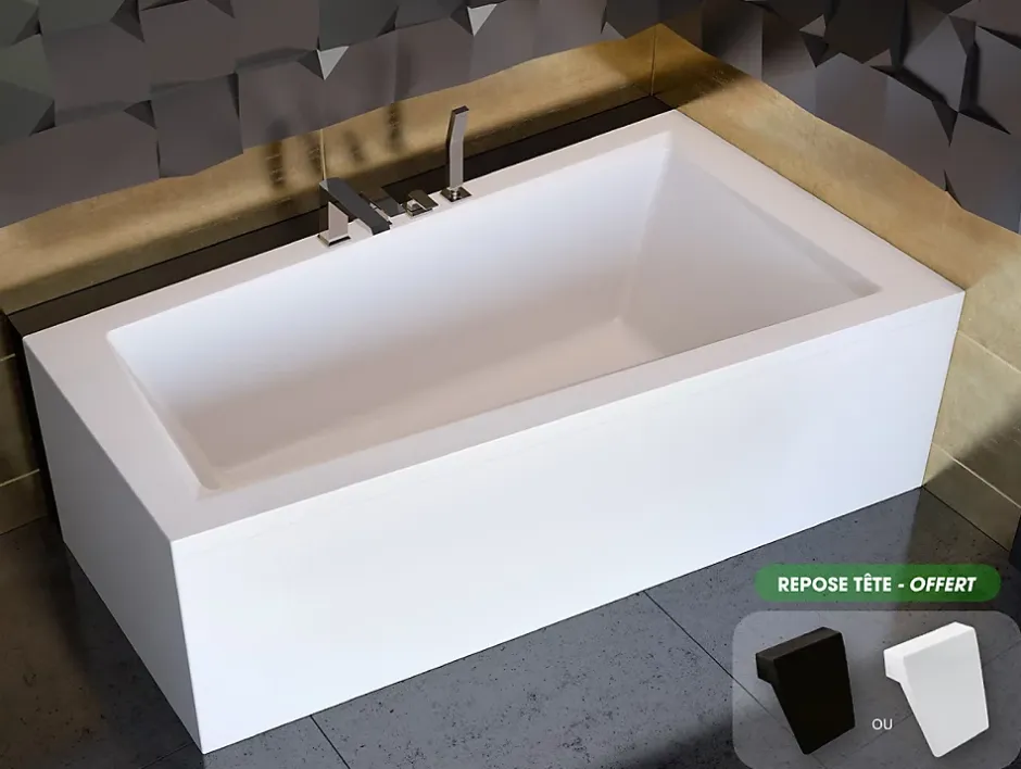 Besco Baignoire asymétrique + tablier blanc + repose tête - INTIMA - 160 x 90 cm - Droite
