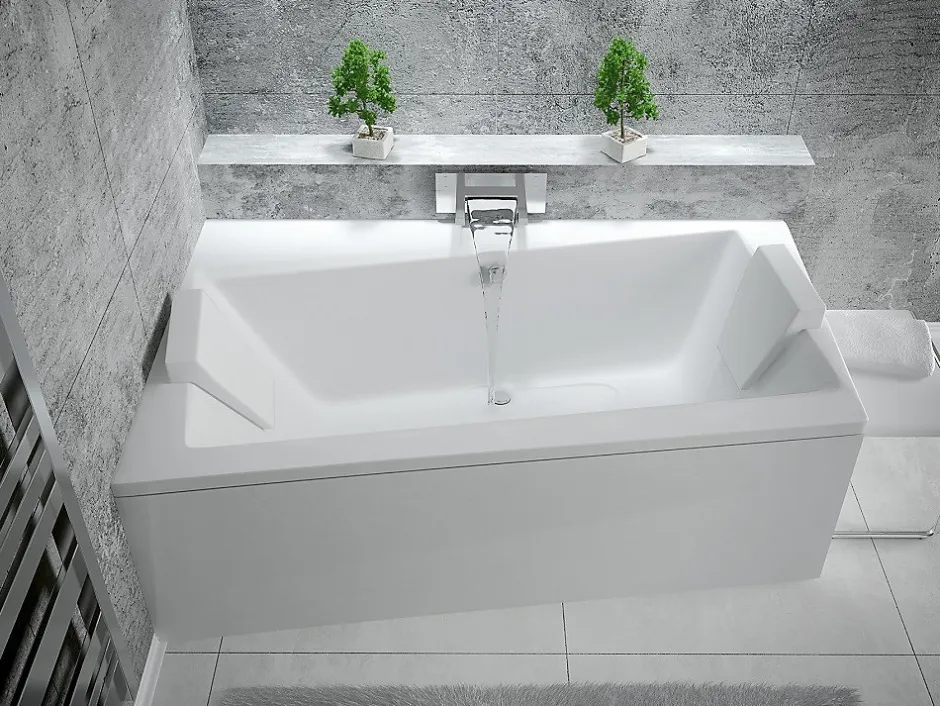 Besco Baignoire asymétrique + tablier blanc + repose tête - INFINITY - 160 x 100 cm - Gauche