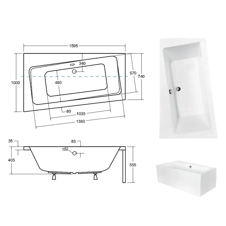 Besco Baignoire asymétrique + tablier blanc + repose tête - INFINITY - 160 x 100 cm - Gauche