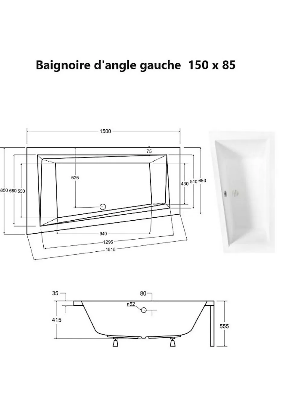 Besco Baignoire asymétrique + tablier noir + repose tête - INTIMA - 150 x 85 cm - Gauche