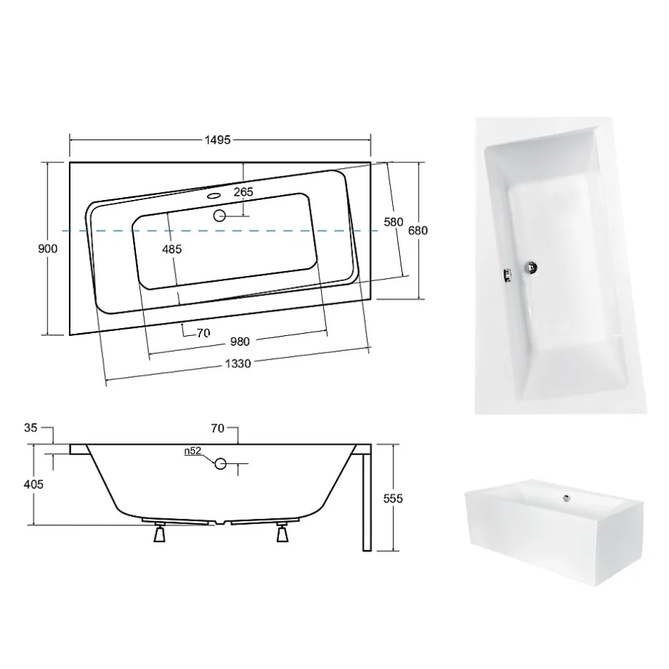 Besco Baignoire asymétrique + tablier blanc + repose tête - INFINITY - 150 x 90 cm - Gauche* Baignoire Asymétrique