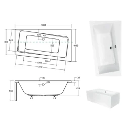 Besco Baignoire asymétrique + tablier blanc + repose tête - INFINITY - 170 x 110 cm - Droite* Baignoire Asymétrique