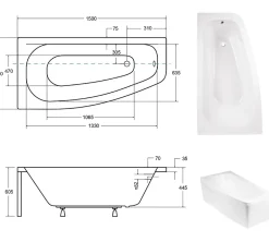 Besco Baignoire asymétrique + tablier blanc + repose tête - LUNA - 150 x 80 cm - Gauche