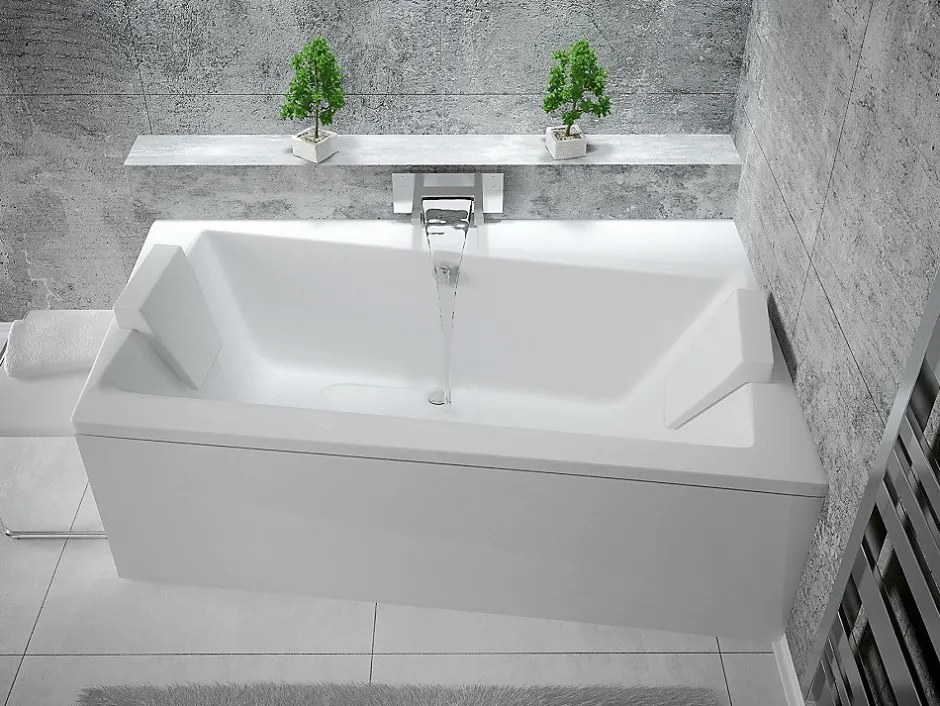 Besco Baignoire asymétrique + tablier blanc + repose tête - INFINITY - 160 x 100 cm - Droite