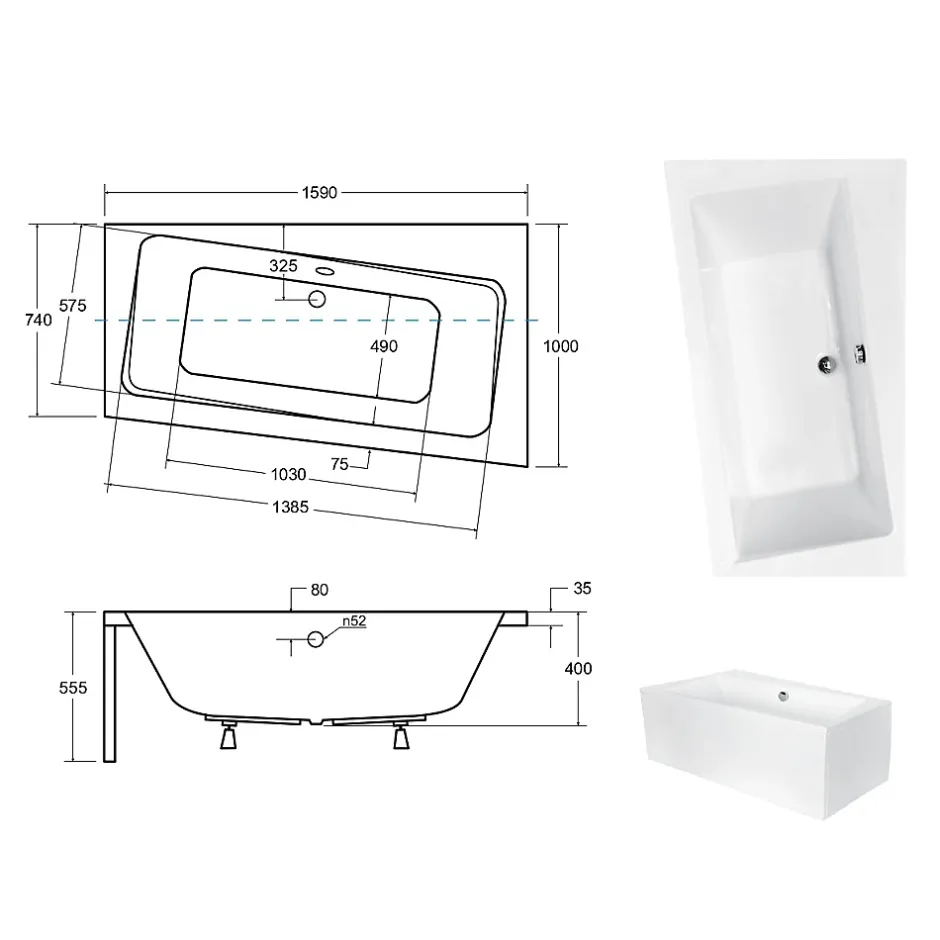 Besco Baignoire asymétrique + tablier blanc + repose tête - INFINITY - 160 x 100 cm - Droite