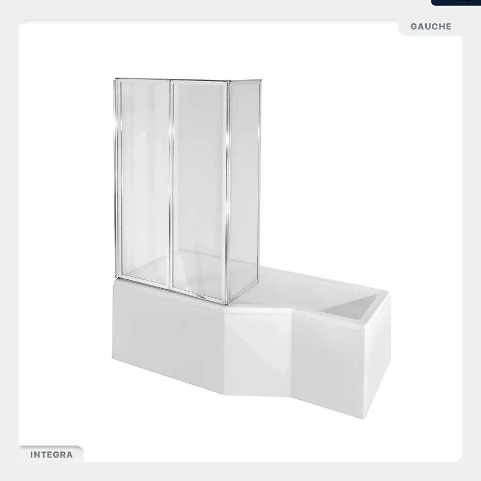 Besco Baignoire asymétrique - 150 x 75 cm - Gauche - avec Tablier - Pieds - Pare Baignoire 3 Volets - Vidage Chrome - INTEGRA* Baignoire Asymétrique
