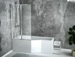 Besco Baignoire asymétrique - 150 x 75 cm - Gauche - avec Tablier - Pieds - Pare Baignoire 3 Volets - Vidage Chrome - INTEGRA* Baignoire Asymétrique