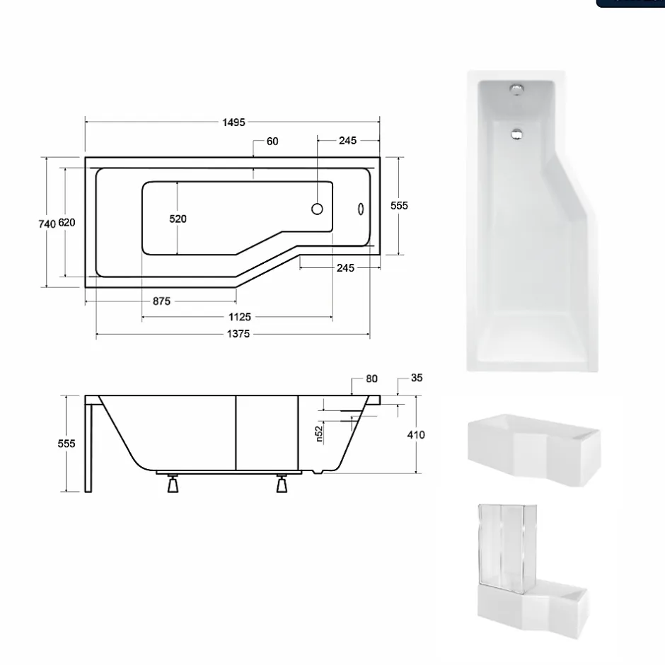 Besco Baignoire asymétrique - 150 x 75 cm - Gauche - avec Tablier - Pieds - Pare Baignoire 3 Volets - Vidage Chrome - INTEGRA* Baignoire Asymétrique