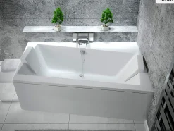 Besco Baignoire asymétrique - 150 x 90 cm - Droite - avec Habillage - Pieds - Vidage Chrome - INFINITY