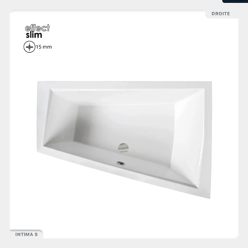 Besco Baignoire asymétrique - 180 x 125 cm - Droite - avec Habillage - Pieds - 2 Repose-têtes - Vidage Chrome - INTIMA DUO SLIM* Baignoire Asymétrique