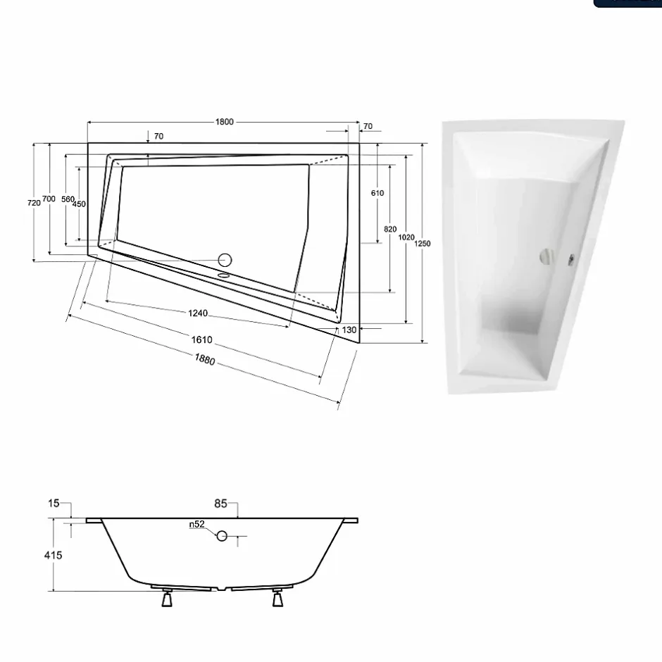 Besco Baignoire asymétrique - 180 x 125 cm - Droite - avec Habillage - Pieds - 2 Repose-têtes - Vidage Chrome - INTIMA DUO SLIM* Baignoire Asymétrique