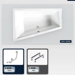 Besco Baignoire asymétrique - 180 x 125 cm - Gauche - sans Habillage - avec Pieds - Vidage Chrome - INTIMA DUO SLIM* Baignoire Asymétrique