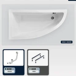 Besco Baignoire asymétrique - 150 x 70 cm - Gauche - sans Habillage - avec Pieds - Vidage Chrome - PRAKTIKA