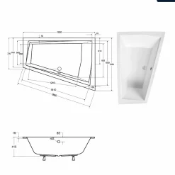 Besco Baignoire asymétrique - 180 x 125 cm - Droite - sans Habillage - avec Pieds - 2 Repose-têtes - Vidage Chrome - INTIMA SLIM* Baignoire Asymétrique