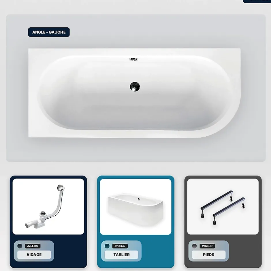 Besco Baignoire asymétrique - 150 x 75 cm - Gauche - avec Tablier Blanc - Pieds - Vidage Chrome - AVITA* Baignoire Asymétrique