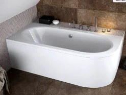 Besco Baignoire asymétrique - 150 x 75 cm - Gauche - avec Tablier Blanc - Pieds - Vidage Chrome - AVITA* Baignoire Asymétrique