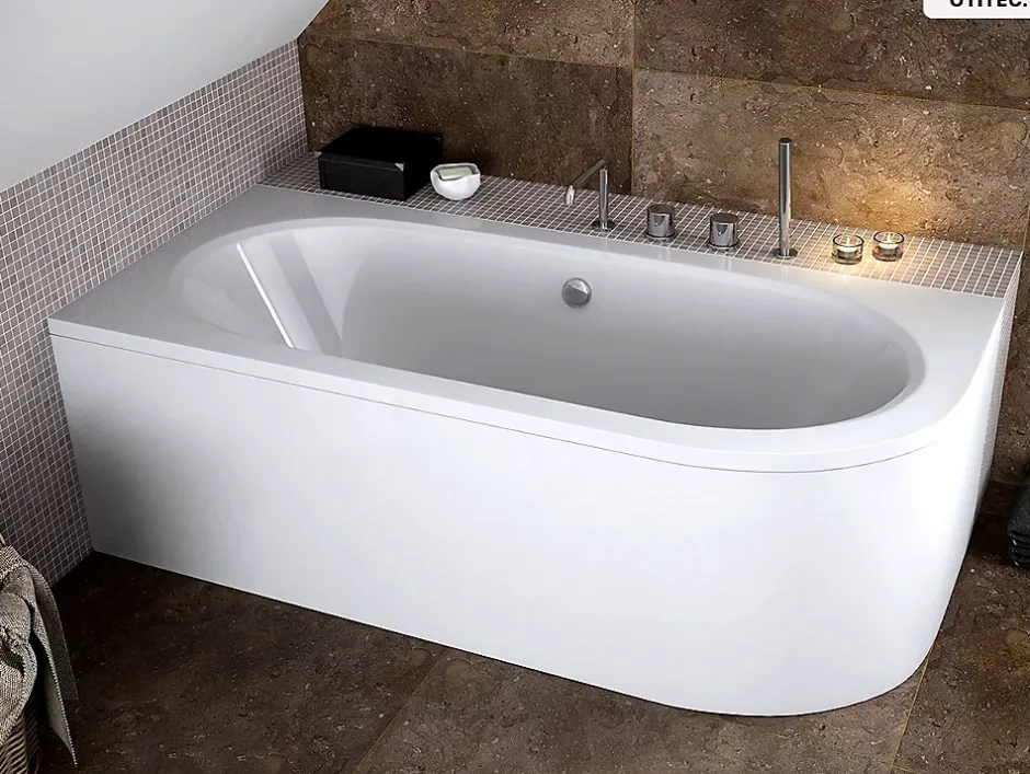 Besco Baignoire asymétrique - 150 x 75 cm - Gauche - avec Tablier Blanc - Pieds - Vidage Chrome - AVITA* Baignoire Asymétrique