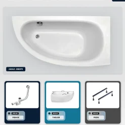 Besco Baignoire asymétrique - 150 x 70 cm - Droite - avec Tablier - Pieds - Poignées - Repose-tête - Vidage Chrome - MILENA PREMIUM* Baignoire Asymétrique