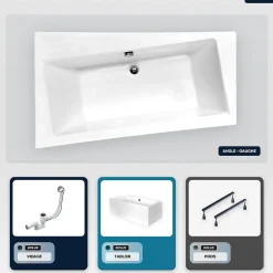 Besco Baignoire asymétrique - 150 x 90 cm - Gauche - avec Tablier Blanc - Pieds - Vidage Chrome - INFINITY* Baignoire Asymétrique